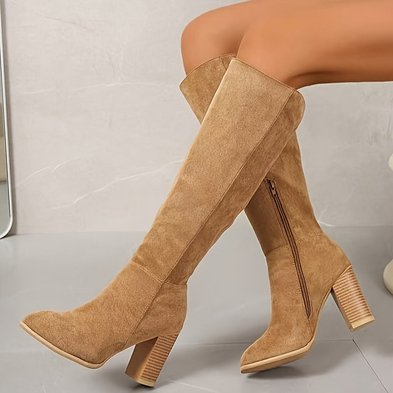 Fashion Forward, Elegant Women's Long Fashion Boots in Light Brown - Non-Slip, Comfortable & Lightweight with Chic Pointed Toe and Side Zipper Closure, TPU Sole, Fabric Lining for Stylish Horseback Riding